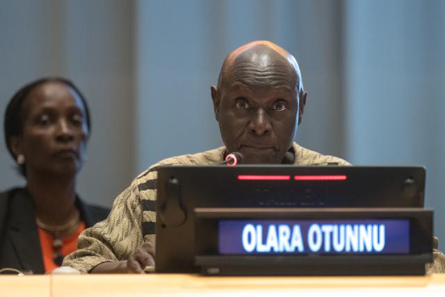 (260820) -- UNITED NATIONS, Aug. 20, 2026 (Xinhua) -- Ugandan diplomat Olara Otunnu, a candidate for the next UN secretary-general, speaks at an interactive dialogue with UN member states at the UN headquarters in New York, Aug. 19, 2026. The UN General Assembly (UNGA) on Wednesday and Thursday held respective interactive dialogues with two candidates for the next UN secretary-general. (Mark Garten/UN Photo/Handout via Xinhua)
