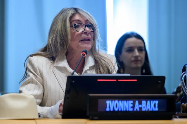 (260820) -- UNITED NATIONS, Aug. 20, 2026 (Xinhua) -- Ecuadoran diplomat Ivonne A-Baki, a candidate for the next UN secretary-general, speaks at an interactive dialogue with UN member states at the UN headquarters in New York, Aug. 20, 2026. The UN General Assembly (UNGA) on Wednesday and Thursday held respective interactive dialogues with two candidates for the next UN secretary-general. (Loey Felipe/UN Photo/Handout via Xinhua)