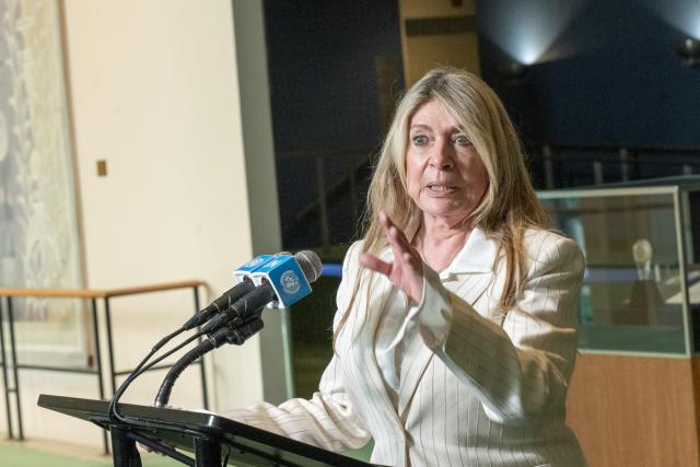 (260820) -- UNITED NATIONS, Aug. 20, 2026 (Xinhua) -- Ecuadoran diplomat Ivonne A-Baki, a candidate for the next UN secretary-general, speaks to reporters after an interactive dialogue with UN member states at the UN headquarters in New York, Aug. 20, 2026. The UN General Assembly (UNGA) on Wednesday and Thursday held respective interactive dialogues with two candidates for the next UN secretary-general. (Eskinder Debebe/UN Photo/Handout via Xinhua)