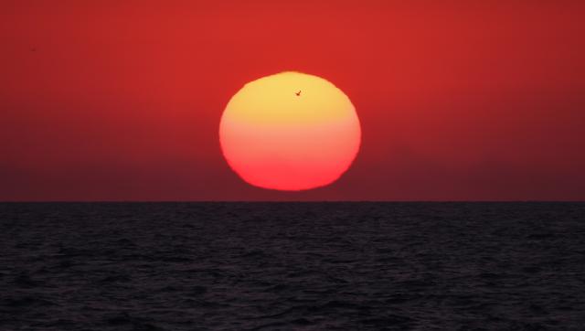 (260821) -- BAKU, Aug. 21, 2026 (Xinhua) -- This photo taken on Aug. 19, 2026 shows a sunset view seen from a geophysical survey vessel of Caspian Geophysical Company, a China-Azerbaijan joint venture, in the Caspian Sea near Baku, Azerbaijan. (Xinhua/Chen Junfeng)