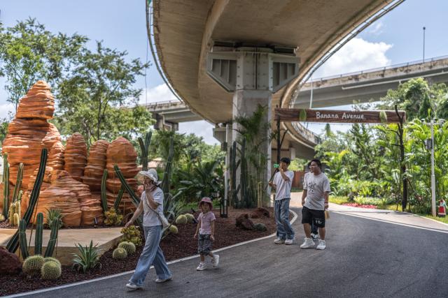 (260821) -- WUHAN, Aug. 21, 2026 (Xinhua) -- People visit a pocket park transformed from a previously underused space beneath a flyover in Kunming, southwest China's Yunnan Province, Aug. 11, 2026. (Xinhua/Wang Guansen)