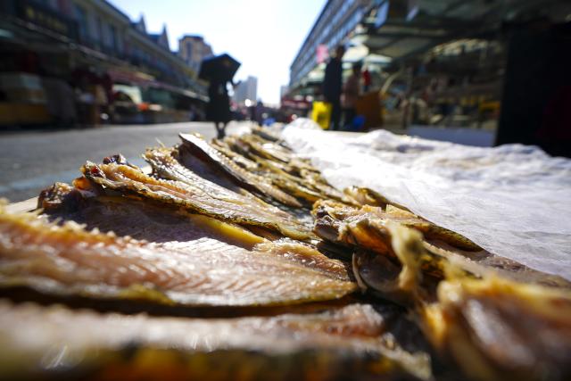 (260821) -- FUYUAN, Aug. 21, 2026 (Xinhua) -- Fish products are displayed at a fish market in Fuyuan City, northeast China's Heilongjiang Province, Aug. 21, 2026. Known as the "city of freshwater fish", Fuyuan is promoting the high-quality development of its fishing industry. (Xinhua/Na Yuqi)