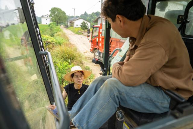 (260821) -- CHANGSHA, Aug. 21, 2026 (Xinhua) -- Wang Jin (L) reminds an agricultural machinery operator of precautions in Majia Village, Zhujiapu Town of Hanshou County, Changde City, central China's Hunan Province, Aug. 20, 2026. "Working in agricultural technology requires patience and the ability to stay focused," says Wang Jin, a 24-year-old grassroots agricultural technician.
   Wang returned to her hometown Zhujiapu Town after graduation in 2023. She joined the town's agricultural service center and immediately immersed herself in rural life. For the past three years, she has trudged through mud and braved heat and cold, working in the rice paddies day in and day out.
   When she first started, many local farmers were skeptical of her. But Wang stayed grounded, bridging textbook knowledge with hands-on practice and continuously sharpening her skills.
   In her view, the fundamental solution to food security lies in science and technology, which can only gain real power when it takes root in the soil.
   Every drop of sweat tells its own story. Through hard work and dedication, Wang Jin embodies the commitment and passion of a new-generation agricultural worker, writing her own chapter of youth on the frontlines of rural revitalization. (Xinhua/Chen Sihan)