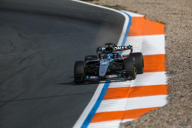(260822) -- ZANDVOORT, Aug. 22, 2026 (Xinhua) -- Mercedes' George Russell of Britain competes during the Sprint Qualifying session of the 2026 Formula One Dutch Grand Prix at the Zandvoort Circuit in Zandvoort, the Netherlands, Aug. 21, 2026. (Photo by Qian Jun/Xinhua)