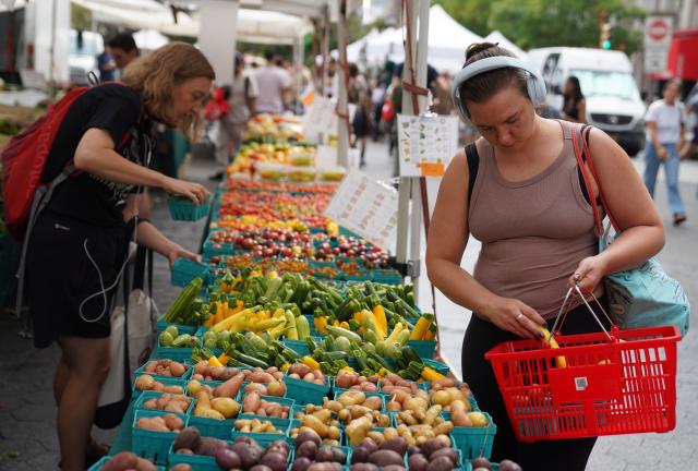 (260822) -- NEW YORK, Aug. 22, 2026 (Xinhua) -- People shop at a farmers market in New York, the United States, on Aug. 21, 2026. (Xinhua/Zhang Fengguo)