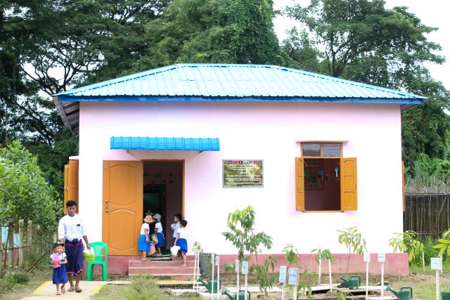 (260822) -- AYEYARWADY REGION, Aug. 22, 2026 (Xinhua) -- This photo taken on Aug. 20, 2026 shows a pre-school building of a model village project funded by the Lancang-Mekong Cooperation (LMC) Special Fund 2024 in Ohnpinsu village, Nyaungdon township in Ayeyarwady region, Myanmar. TO GO WITH "Feature: Myanmar's delta village finds new livelihoods with LMC support" (Xinhua/Myo Kyaw Soe)