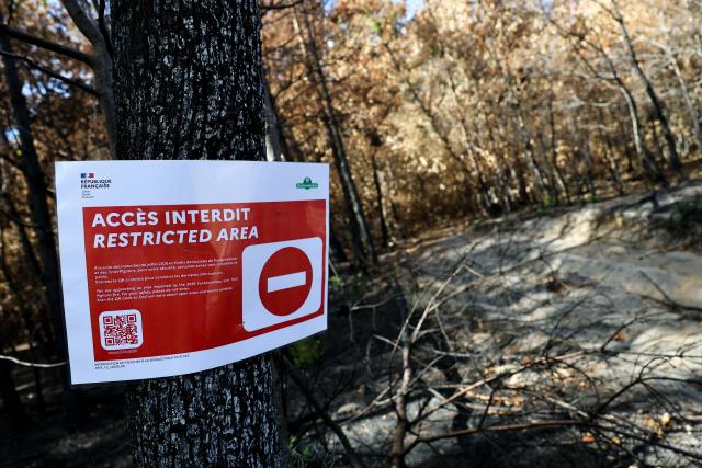 (260822) -- SEINE-ET-MARNE, Aug. 22, 2026 (Xinhua) -- A "No Entry" sign is seen in an area burnt in a wildfire in the Fontainebleau Forest in Seine-et-Marne, France, Aug. 22, 2026. (Xinhua/Wu Huiwo)
