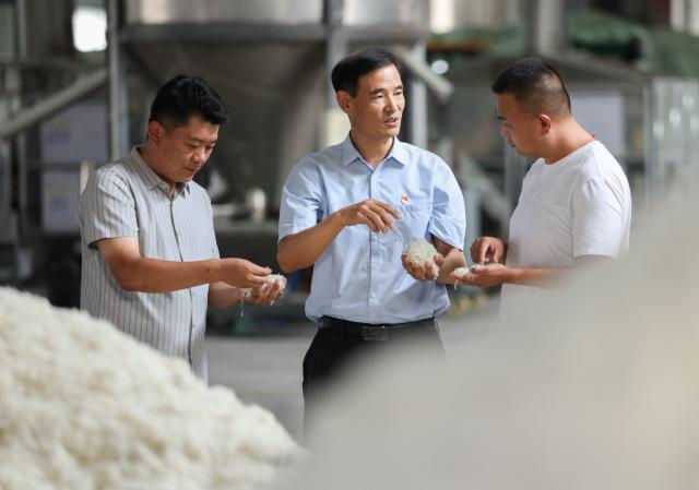 (260822) -- LIANYUNGANG, Aug. 22, 2026 (Xinhua) -- Zhong Baijun (C) learns about production at a village collective company in Xijidang Village, Zhewang Town of Lianyungang City, east China's Jiangsu Province, Aug. 19, 2026. Zhong Baijun, Party secretary of Xijidang Village and head of the village committee, has spent 28 years serving his hometown in Zhewang Town of Lianyungang City, east China's Jiangsu Province.
  When he returned to the village to take up his post in 1998, the village collective had no industries and was in debt. Most residents made a living from farming, and many younger villagers left home to seek work elsewhere.
  Looking for new ways to develop the local economy, Zhong and other village officials traveled to other areas to explore potential industries. Leveraging the village's coastal location and the relatively abundant stock of discarded fishing nets, they gradually developed a nylon pellet processing industry.
  The industry initially grew through small workshops. To restructure the sector, the village invested 120 million yuan (about 17.9 million U.S. dollars) in building a standardized industrial park and later developed a model that allowed residents to benefit from the industry's growth through shareholding, local employment and dividends. By 2025, Xijidang's total industrial output reached 2.5 billion yuan (about 372 million U.S. dollars). The industry also created jobs for more than 1,600 local residents.
  As the collective economy grew, the village put more resources into improving community well-being. It organized cultural and sports activities, as well as model-family award campaigns, giving residents more opportunities to take part in community events.
  Over the past 28 years, Zhong has witnessed the village's industries expand, employment opportunities increase and collective income rise. "We should put the people's concerns first," Zhong said. (Photo by Si Wei/Xinhua)