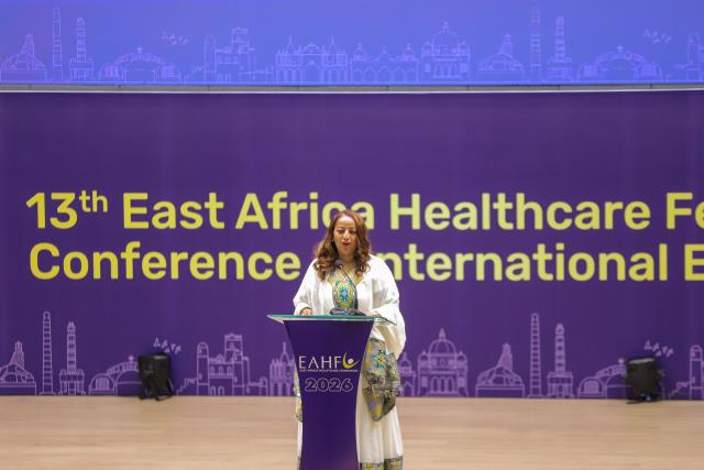 (260822) -- ADDIS ABABA, Aug. 22, 2026 (Xinhua) -- Ethiopia's Health Minister Mekdes Daba speaks during the 13th East African Health Federation Conference and International Exhibition in Addis Ababa, the capital of Ethiopia, Aug. 21, 2026. TO GO WITH "Domestic production, regional integration urged to build resilient health economy in East Africa" (Photo by Michael Tewelde/Xinhua)