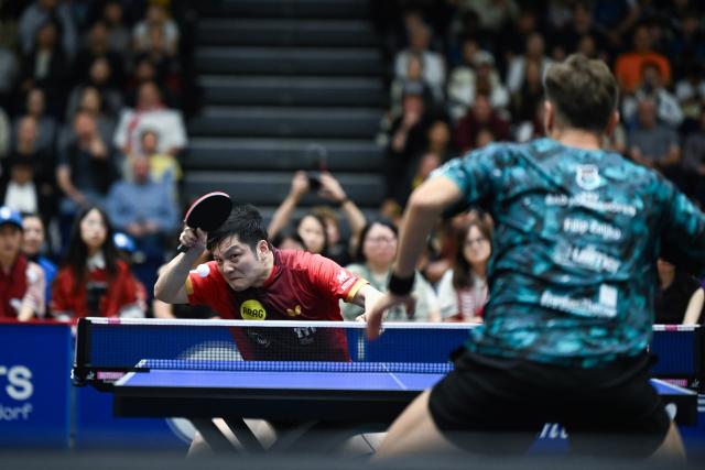 (260823) -- DUSSELDORF, Aug. 23, 2026 (Xinhua) -- Fan Zhendong (L) of Borussia Dusseldorf hits a return against Filip Zeljko of TSV Bad Konigshofen during the Bundesliga table tennis match between Borussia Dusseldorf and TSV Bad Konigshofen in Dusseldorf, Germany, Aug. 22, 2026. (Xinhua/Zhang Haofu)