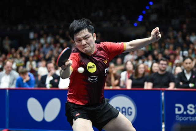 (260823) -- DUSSELDORF, Aug. 23, 2026 (Xinhua) -- Fan Zhendong of Borussia Dusseldorf hits a return against Filip Zeljko of TSV Bad Konigshofen during the Bundesliga table tennis match between Borussia Dusseldorf and TSV Bad Konigshofen in Dusseldorf, Germany, Aug. 22, 2026. (Xinhua/Zhang Haofu)