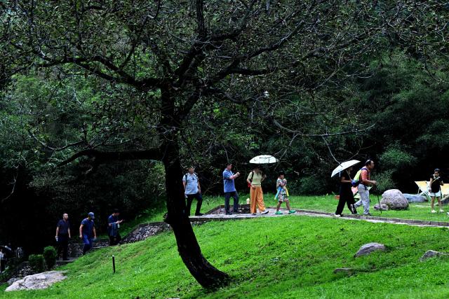 (260823) -- JIYUAN, Aug. 23, 2026 (Xinhua) -- Tourists visit the Wangwu Mountain scenic spot in Jiyuan, central China's Henan Province, Aug. 22, 2026. The Wangwu Mountain scenic spot witnesses a tourism boom during the summer vacation. (Xinhua/Zhu Xiang)
