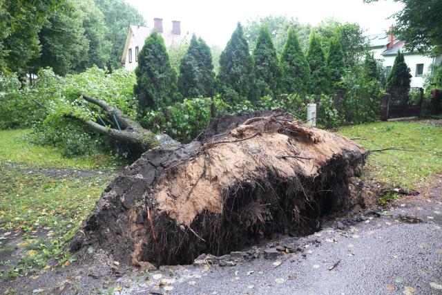 (260823) -- RIGA, Aug. 23, 2026 (Xinhua) -- This photo taken on Aug. 23, 2026 shows the aftermath of a powerful storm in Riga, Latvia. A powerful cyclone swept northward across the three Baltic states on Saturday, killing two as strong winds, torrential rain and thunderstorms ravaged Lithuania, Latvia and Estonia.
   Meteorological data showed Saturday's storm was the most destructive to hit Latvia since January 2005. (Photo by Edijs Palens/Xinhua)