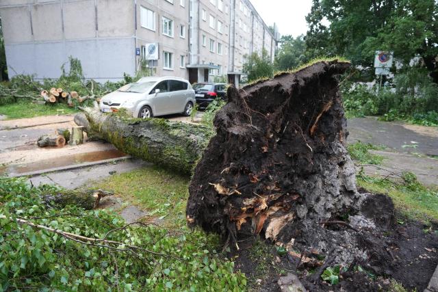 (260823) -- RIGA, Aug. 23, 2026 (Xinhua) -- This photo taken on Aug. 23, 2026 shows the aftermath of a powerful storm in Riga, Latvia. A powerful cyclone swept northward across the three Baltic states on Saturday, killing two as strong winds, torrential rain and thunderstorms ravaged Lithuania, Latvia and Estonia.
   Meteorological data showed Saturday's storm was the most destructive to hit Latvia since January 2005. (Photo by Edijs Palens/Xinhua)