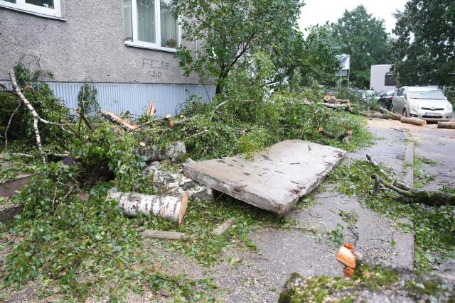 (260823) -- RIGA, Aug. 23, 2026 (Xinhua) -- This photo taken on Aug. 23, 2026 shows the aftermath of a powerful storm in Riga, Latvia. A powerful cyclone swept northward across the three Baltic states on Saturday, killing two as strong winds, torrential rain and thunderstorms ravaged Lithuania, Latvia and Estonia.
   Meteorological data showed Saturday's storm was the most destructive to hit Latvia since January 2005. (Photo by Edijs Palens/Xinhua)