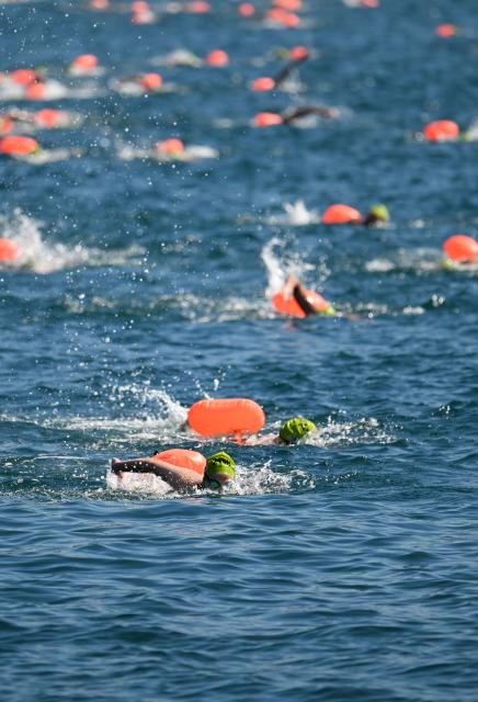(260823) -- ISTANBUL, Aug. 23, 2026 (Xinhua) -- Swimmers compete during the 38th Bosphorus Cross-Continental Swimming Race in Istanbul, Türkiye, Aug. 23, 2026. (Xinhua/Liu Lei)