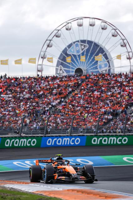 (260824) -- ZANDVOORT, Aug. 24, 2026 (Xinhua) -- McLaren's British driver Lando Norris competes during the Formula 1 Dutch Grand Prix Race at Zandvoort Circuit, near Amsterdam, the Netherlands, Aug. 23, 2026. (Xinhua/Peng Ziyang)