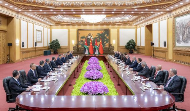 (260824) -- BEIJING, Aug. 24, 2026 (Xinhua) -- Chinese President Xi Jinping holds talks with King of the Hashemite Kingdom of Jordan Abdullah II ibn Al Hussein, who is on a state visit to China, at the Great Hall of the People in Beijing, capital of China, Aug. 24, 2026. (Xinhua/Zhai Jianlan)