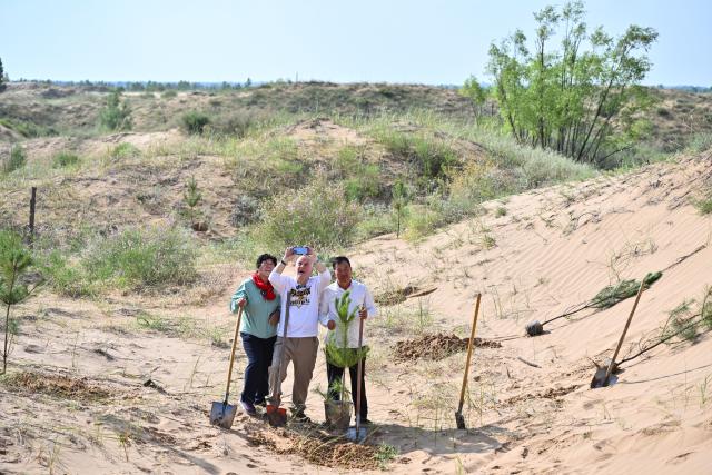 (260824) -- ORDOS, Aug. 24, 2026 (Xinhua) -- Ronald Sakolsky (C), Yin Yuzhen (L) and Bai Wanxiang pose for a selfie after planting a sapling in the Maowusu Sandy Land in north China's Inner Mongolia Autonomous Region, Aug. 24, 2026. Retired U.S. teacher Ronald Sakolsky revisited the Maowusu Sandy Land on Monday and planted sapling with his friend Yin Yuzhen, a national model worker who has been planting trees here for four decades, as well as Yin's husband Bai Wanxiang.
   Their story began in 1999, when Sakolsky taught English at a school in central China's Henan Province under a teachers' exchange program between the two countries.
   After watching a television news report featuring Yin's tireless work, he was deeply moved and raised 5,000 U.S. dollars to help Yin and her husband in their afforestation efforts against desertification.
   The saplings bought and planted with that donation have since grown into a forest of more than 50,000 towering trees. (Xinhua/Sun Ruibo)
