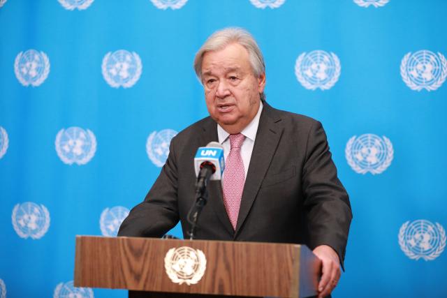 (260824) -- UNITED NATIONS, Aug. 24, 2026 (Xinhua) -- UN Secretary-General Antonio Guterres speaks at a press encounter at the UN headquarters in New York, Aug. 24, 2026. UN Secretary-General Antonio Guterres on Monday called for engagement and cooperation of relevant parties for a confidence-building mechanism that aims to safeguard the movement of essential goods through maritime chokepoints.
TO GO WITH "UN chief calls for cooperation on maritime shipping mechanism" (Xinhua/Xie E)