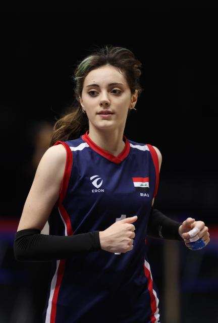 (260825) -- TIANJIN, Aug. 25, 2026 (Xinhua) -- Doreen Romel Shamow of Iraq reacts during the pool A match between Iran and Iraq at AVC Women's Volleyball Continental Championship in Tianjin, China, Aug. 25, 2026. (Xinhua/Sun Fanyue)