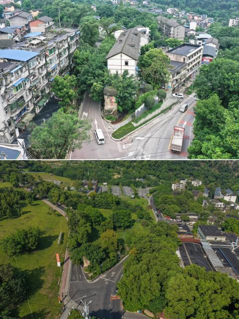 (260827) -- CHONGQING, Aug. 27, 2026 (Xinhua) -- This combo photo shows a scene before the renovation of the shantytown in the Sanhuashi area of Jinyun Mountain, Beibei District, southwest China's Chongqing, Aug. 8, 2019 (above, photo by Qin Tingfu/Xinhua) and a scene after the renovation of the Sanhuashi area on Aug. 26, 2026 (below, photo by Xinhua photographer Huang Wei).
  Located along the Jialing River, Jinyun Mountain Reserve is an important ecological barrier in Chongqing and one of the best-preserved subtropical evergreen broad-leaved forest ecosystems in China. 
  Years ago, ecological conservation in the reserve was under severe strain, as unauthorized construction, irregular business activities, and unregulated expansion of farm-stay tourism ran rampant. 
  In June 2018, Chongqing launched the comprehensive ecological environment improvement project of Jinyun Mountain. 
  To date, the reserve has restored 774,000 square meters of ecology and planted about 1 million ornamental plants. The forest coverage rate has increased from 94 percent to 98 percent. 
  In 2025, the collective economic income of villages in the Jinyun Mountain area reached 27.784 million yuan (about 4.13 million U.S. dollars), and villagers' per capita annual income increased by 9.5 percent year-on-year, achieving a win-win situation for ecological protection, industrial development, and villagers' income growth. (Xinhua)