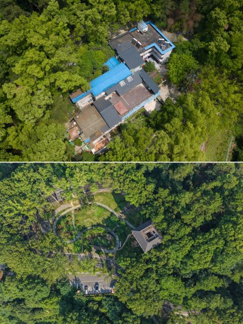 (260827) -- CHONGQING, Aug. 27, 2026 (Xinhua) -- This combo photo shows a scene before the renovation of Tenglongya on Jinyun Mountain, Beibei District, southwest China's Chongqing, April 23, 2019 (above, photo by Qin Tingfu/Xinhua) and a scene after the renovation of Tenglongya on Aug. 26, 2026 (below, photo by Xinhua photographer Huang Wei).
  Located along the Jialing River, Jinyun Mountain Reserve is an important ecological barrier in Chongqing and one of the best-preserved subtropical evergreen broad-leaved forest ecosystems in China. 
  Years ago, ecological conservation in the reserve was under severe strain, as unauthorized construction, irregular business activities, and unregulated expansion of farm-stay tourism ran rampant. 
  In June 2018, Chongqing launched the comprehensive ecological environment improvement project of Jinyun Mountain. 
  To date, the reserve has restored 774,000 square meters of ecology and planted about 1 million ornamental plants. The forest coverage rate has increased from 94 percent to 98 percent. 
  In 2025, the collective economic income of villages in the Jinyun Mountain area reached 27.784 million yuan (about 4.13 million U.S. dollars), and villagers' per capita annual income increased by 9.5 percent year-on-year, achieving a win-win situation for ecological protection, industrial development, and villagers' income growth. (Xinhua)