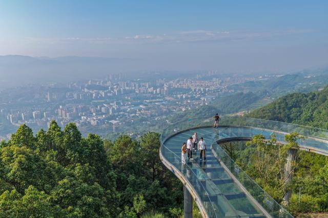 (260827) -- CHONGQING, Aug. 27, 2026 (Xinhua) -- An aerial drone photo taken on Aug. 26, 2026 shows tourists enjoying the scenery on a glass observation deck on Jinyun Mountain, Beibei District, southwest China's Chongqing.
  Located along the Jialing River, Jinyun Mountain Reserve is an important ecological barrier in Chongqing and one of the best-preserved subtropical evergreen broad-leaved forest ecosystems in China. 
  Years ago, ecological conservation in the reserve was under severe strain, as unauthorized construction, irregular business activities, and unregulated expansion of farm-stay tourism ran rampant. 
  In June 2018, Chongqing launched the comprehensive ecological environment improvement project of Jinyun Mountain. 
  To date, the reserve has restored 774,000 square meters of ecology and planted about 1 million ornamental plants. The forest coverage rate has increased from 94 percent to 98 percent. 
  In 2025, the collective economic income of villages in the Jinyun Mountain area reached 27.784 million yuan (about 4.13 million U.S. dollars), and villagers' per capita annual income increased by 9.5 percent year-on-year, achieving a win-win situation for ecological protection, industrial development, and villagers' income growth. (Xinhua/Huang Wei)