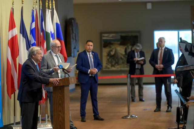 (260827) -- UNITED NATIONS, Aug. 27, 2026 (Xinhua) -- UN Secretary-General Antonio Guterres (1st L) speaks to reporters on Ebola in the Democratic Republic of the Congo (DRC), at the UN headquarters in New York, Aug. 27, 2026. Guterres on Thursday lamented the lack of international attention to the Ebola outbreak in the Democratic Republic of the Congo, and made an urgent appeal to step up action. (Mark Garten/UN Photo/Handout via Xinhua)