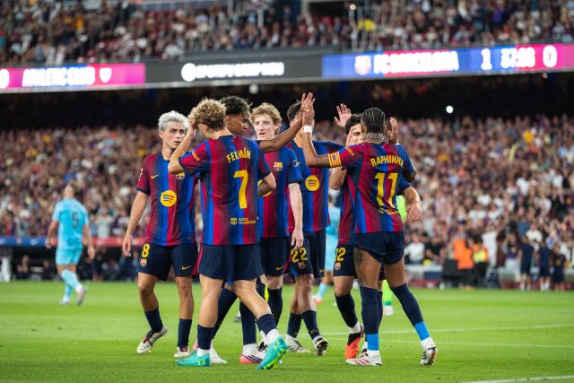 (260828) -- BARCELONA, Aug. 28, 2026 (Xinhua) -- FC Barcelona's players celebrate scoring during the La Liga football match between FC Barcelona and Athletic Club in Barcelona, Spain, on Aug. 27, 2026. (Photo by Joan Gosa/Xinhua)