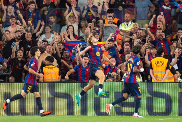 (260828) -- BARCELONA, Aug. 28, 2026 (Xinhua) -- FC Barcelona's Fermin Lopez (front C) celebrates his goal during the La Liga football match between FC Barcelona and Athletic Club in Barcelona, Spain, on Aug. 27, 2026. (Photo by Joan Gosa/Xinhua)