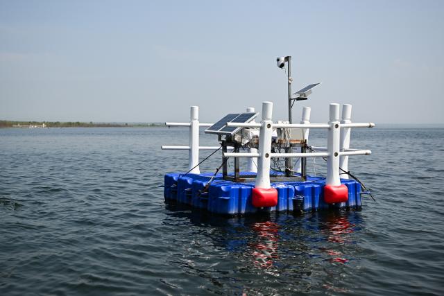 (260828) -- HULUN BUIR, Aug. 28, 2026 (Xinhua) -- This photo taken on Aug. 21, 2026 shows a water quality monitoring device on Daihai Lake in Ulanqab, north China's Inner Mongolia Autonomous Region. Hulun Lake, Ulan Suhai Lake and Daihai Lake are three major freshwater lakes in Inner Mongolia. Once affected by natural and human factors, the lakes suffered from shrinking water areas and deteriorating water quality.
  Comprehensive ecological restoration efforts in recent years have brought notable improvements, with water quality steadily recovering and wildlife species increasing. 
  The three lakes are now playing a stronger role in safeguarding the ecological security of northern China. (Xinhua/Li Zhipeng)