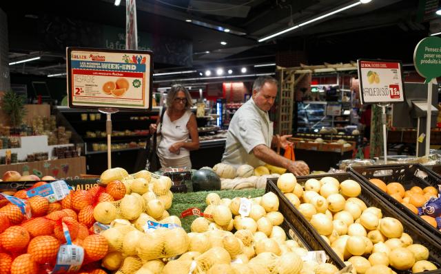 (260828) -- PARIS, Aug. 28, 2026 (Xinhua) -- People shop at a supermarket in Paris, France, Aug. 28, 2026. France's gross domestic product (GDP) was revised down to zero growth quarter on quarter in the second quarter of 2026, from a preliminary estimate of 0.2-percent growth, according to revised data released Friday by the French National Institute of Statistics and Economic Studies (INSEE). (Xinhua/Wu Huiwo)