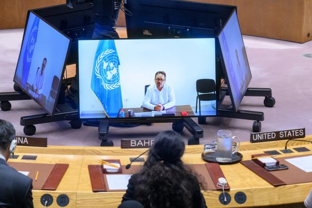 (260828) -- UNITED NATIONS, Aug. 28, 2026 (Xinhua) -- The UN secretary-general's special representative for Haiti, Ruiz Massieu (on screens), speaks via a video link at a Security Council meeting at the UN headquarters in New York, Aug. 28, 2026. Massieu on Friday called for stepped-up international security support for the country following a gang massacre that killed at least 47 people. (Loey Felipe/UN Photo/Handout via Xinhua)