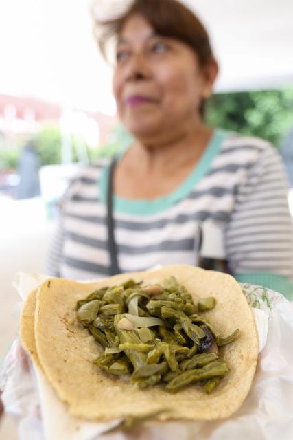 (260829) -- MEXICO CITY, Aug. 29, 2026 (Xinhua) -- A woman holds a taco with nopales at the Nopal Fair 2026 in Mexico City, capital of Mexico, on Aug. 28, 2026. The event opened here on Friday. The three-day event brings together 140 producers to showcase and sell nopal and processed nopal products, as well as cultural and educational activities. (Photo by Francisco Canedo/Xinhua)