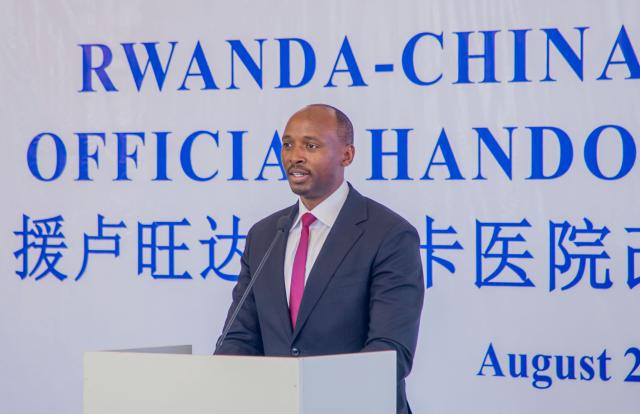 (260829) -- KIGALI, Aug. 29, 2026 (Xinhua) -- Rwandan Minister of Health Sabin Nsanzimana speaks at the handover ceremony of Masaka Hospital renovation and expansion project in Kigali, Rwanda, Aug. 28, 2026.
  TO GO WITH "China hands over major hospital project to Rwanda" (Photo by Cyril Ndegeya/Xinhua)