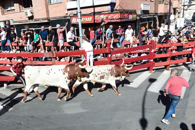 (260829) -- SAN SEBASTIAN DE LOS REYES, Aug. 29, 2026 (Xinhua) -- People attend the Bull Run on a street of San Sebastian de los Reyes, Spain, Aug. 29, 2026. Running of the bulls is a traditional event held in many towns and cities across Spain, often as part of local festivals. (Photo by Gustavo Valiente/Xinhua)
