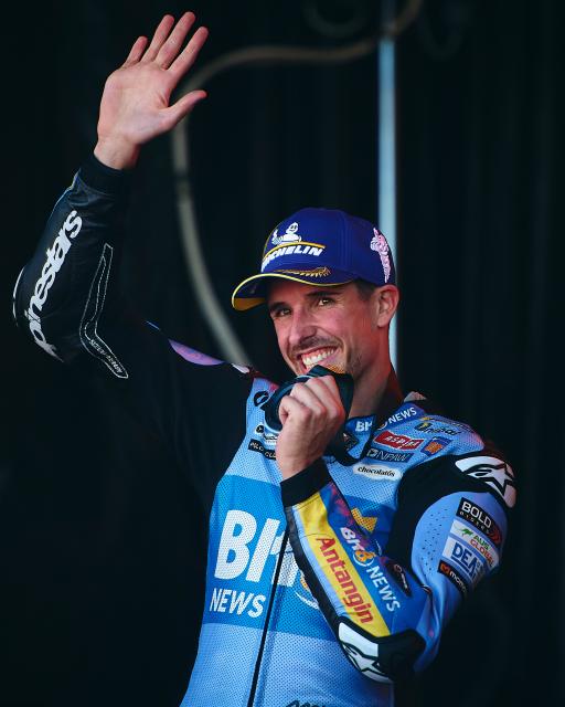 (260830) -- ALCANIZ, Aug. 30, 2026 (Xinhua) -- BK8 Gresini Racing's Alex Marquez of Spain celebrates after the sprint race of the MotoGP Aragon Grand Prix 2026 at Motorland Aragon Circuit, Alcaniz, Spain, Aug. 29, 2026. (Str/Xinhua)