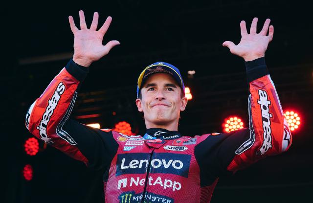 (260830) -- ALCANIZ, Aug. 30, 2026 (Xinhua) -- Ducati Lenovo Team's Marc Marquez of Spain celebrates after the sprint race of the MotoGP Aragon Grand Prix 2026 at Motorland Aragon Circuit, Alcaniz, Spain, Aug. 29, 2026. (Str/Xinhua)