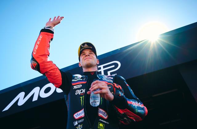 (260830) -- ALCANIZ, Aug. 30, 2026 (Xinhua) -- Aprilia Racing's Marco Bezzecchi of Italy celebrates after the sprint race of the MotoGP Aragon Grand Prix 2026 at Motorland Aragon Circuit, Alcaniz, Spain, Aug. 29, 2026. (Str/Xinhua)