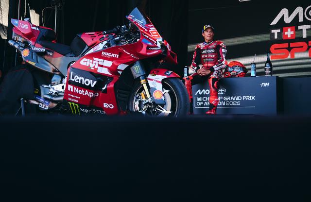 (260830) -- ALCANIZ, Aug. 30, 2026 (Xinhua) -- Ducati Lenovo Team's Marc Marquez of Spain reacts after the sprint race of the MotoGP Aragon Grand Prix 2026 at Motorland Aragon Circuit, Alcaniz, Spain, Aug. 29, 2026. (Str/Xinhua)