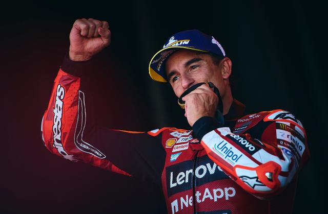 (260830) -- ALCANIZ, Aug. 30, 2026 (Xinhua) -- Ducati Lenovo Team's Marc Marquez of Spain celebrates after the sprint race of the MotoGP Aragon Grand Prix 2026 at Motorland Aragon Circuit, Alcaniz, Spain, Aug. 29, 2026. (Str/Xinhua)