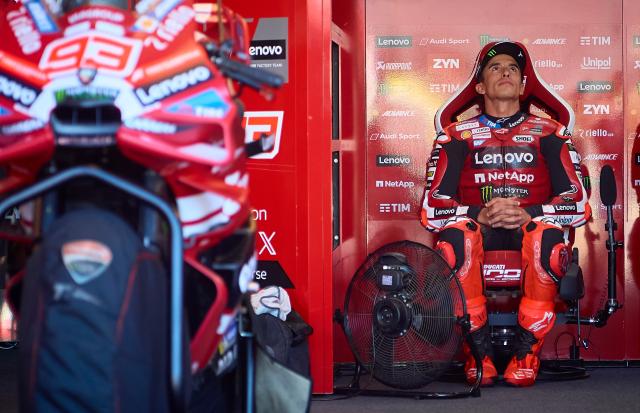 (260830) -- ALCANIZ, Aug. 30, 2026 (Xinhua) -- Ducati Lenovo Team's Marc Marquez of Spain reacts before the sprint race of the MotoGP Aragon Grand Prix 2026 at Motorland Aragon Circuit, Alcaniz, Spain, Aug. 29, 2026. (Str/Xinhua)