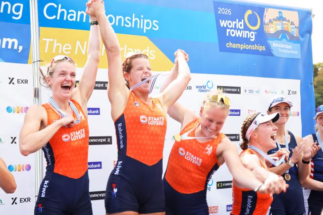 (260830) -- AMSTERDAM, Aug. 30, 2026 (Xinhua) -- Athletes of team Netherlands celebrate during the awarding ceremony after the women's quadruple sculls final A at the 2026 World Rowing Championships in Amsterdam, the Netherlands, Aug. 29, 2026. (Photo by Sylvia Lederer/Xinhua)