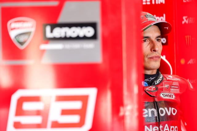 (260831) -- ALCANIZ, Aug. 31, 2026 (Xinhua) -- Ducati Lenovo Team's Marc Marquez of Spain reacts before the race of the MotoGP Aragon Grand Prix 2026 at Motorland Aragon Circuit, Alcaniz, Spain, Aug. 30, 2026. (Photo by Qian Jun/Xinhua)