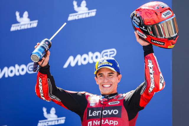 (260831) -- ALCANIZ, Aug. 31, 2026 (Xinhua) -- Ducati Lenovo Team's Marc Marquez of Spain reacts on the podium after the race of the MotoGP Aragon Grand Prix 2026 at Motorland Aragon Circuit, Alcaniz, Spain, Aug. 30, 2026. (Photo by Qian Jun/Xinhua)