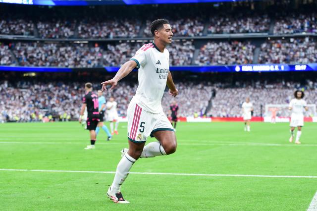 (260831) -- MADRID, Aug. 31, 2026 (Xinhua) -- Real Madrid's Jude Bellingham celebrates his score during a La Liga football match between Real Madrid and Malaga CF at Santiago Bernabeu stadium in Madrid, Spain, on Aug. 30, 2026. (Photo by Gustavo Valiente/Xinhua)