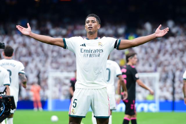 (260831) -- MADRID, Aug. 31, 2026 (Xinhua) -- Real Madrid's Jude Bellingham celebrates his score during a La Liga football match between Real Madrid and Malaga CF at Santiago Bernabeu stadium in Madrid, Spain, on Aug. 30, 2026. (Photo by Gustavo Valiente/Xinhua)