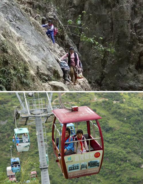 (260831) -- BEIJING, Aug. 31, 2026 (Xinhua) -- This combo photo shows students from Nizhuhe Village trekking along a mountain path to school (above, undated file photo), and students taking cable cars to school (photo taken on Aug. 30, 2026 by Xinhua photographer Chen Xinbo), in Puli Township, Xuanwei City, southwest China's Yunnan Province.
  Nizhuhe Village is located at the bottom of the Nizhu River Grand Canyon in southwest China's Yunnan Province. What separates Nizhuhe Village and the Guanzhai primary school on the mountain top is a vertical drop of over 500 meters. Students living at the canyon bottom used to take nearly half a day to travel from home to school.
  In 2022, significant changes in the means of local commuting took place upon the completion and opening of the Nizhu River Grand Canyon scenic area, which came with a 268-meter-high cliff elevator and a cable car system that were available to local villagers, including students, free of charge.
  Today, the combination of sightseeing shuttle vehicles, elevators and cable cars has shortened students' journey to school to about 30 minutes. A dedicated passage has also been set up for them, with police officers and dedicated staff members deployed along the commuting route. (Xinhua/Chen Xinbo)
