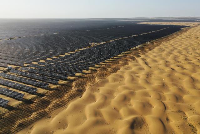 (260901) -- BEIJING, Sept. 1, 2026 (Xinhua) -- A drone photo taken on Sept. 2, 2025 shows a new energy base in Kubuqi Desert, north China's Inner Mongolia Autonomous Region. China's installed photovoltaic (PV) power capacity surpassed coal-fired power capacity for the first time, making PV the country's largest power source by installed capacity, the National Energy Administration said Tuesday.
  China's installed PV power capacity reached 1.286 billion kilowatts at the end of July, according to the administration. (Xinhua/Li Zhipeng)